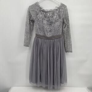 Little Mistress Lace Top Gray Silver Long Sleeve Knee Length Dress US 2